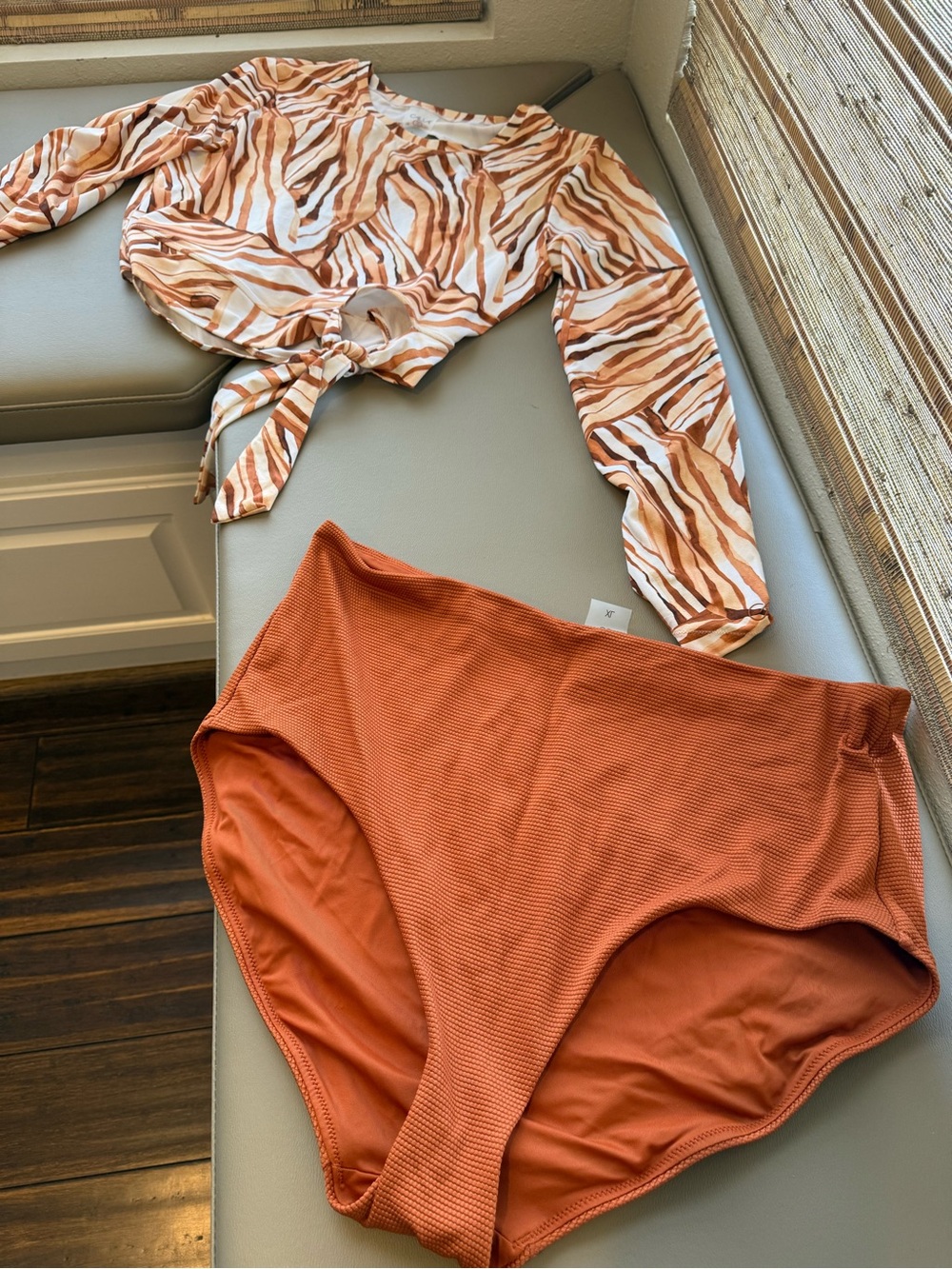 Two-Piece Tie-Front Top and High-Waist Bottoms - Rust Zebra Print